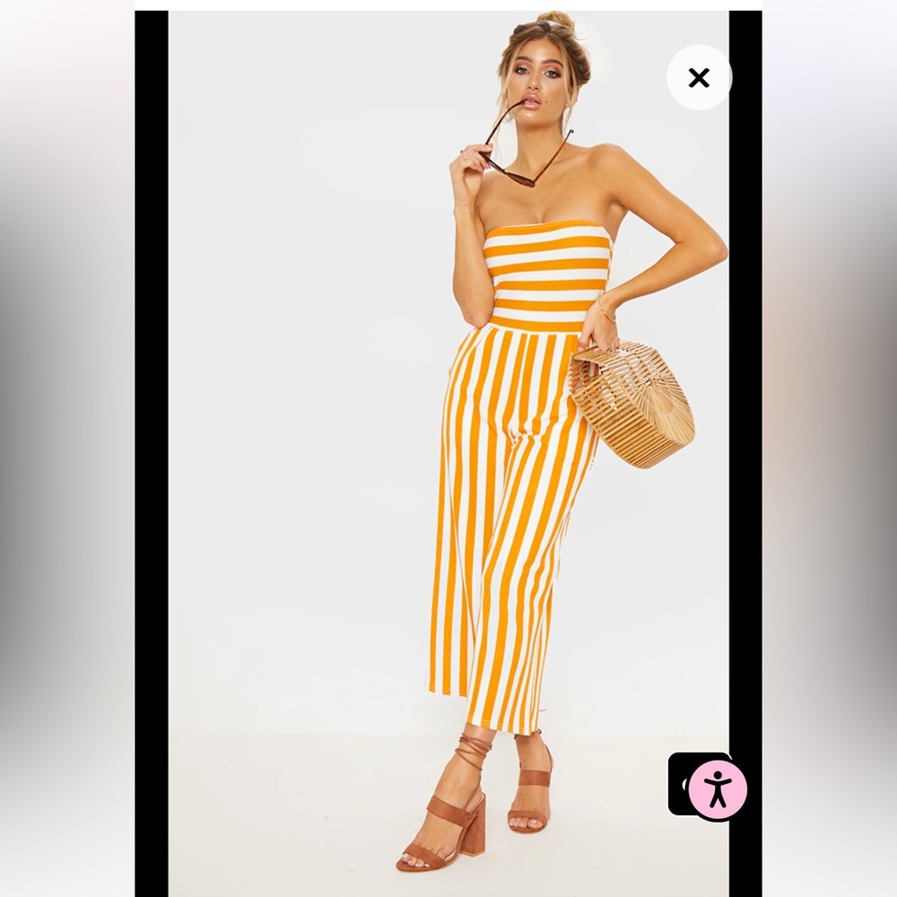 PrettyLittleThing NWT mustard contrast stripe bandeau culotte jumpsuit white